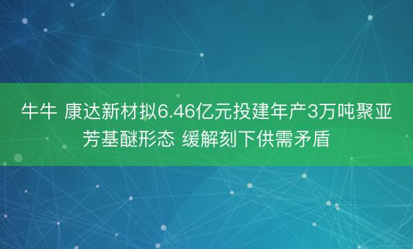 牛牛 康达新材拟6.46亿元投建年产3万吨聚亚芳基醚形态 缓解刻下供需矛盾